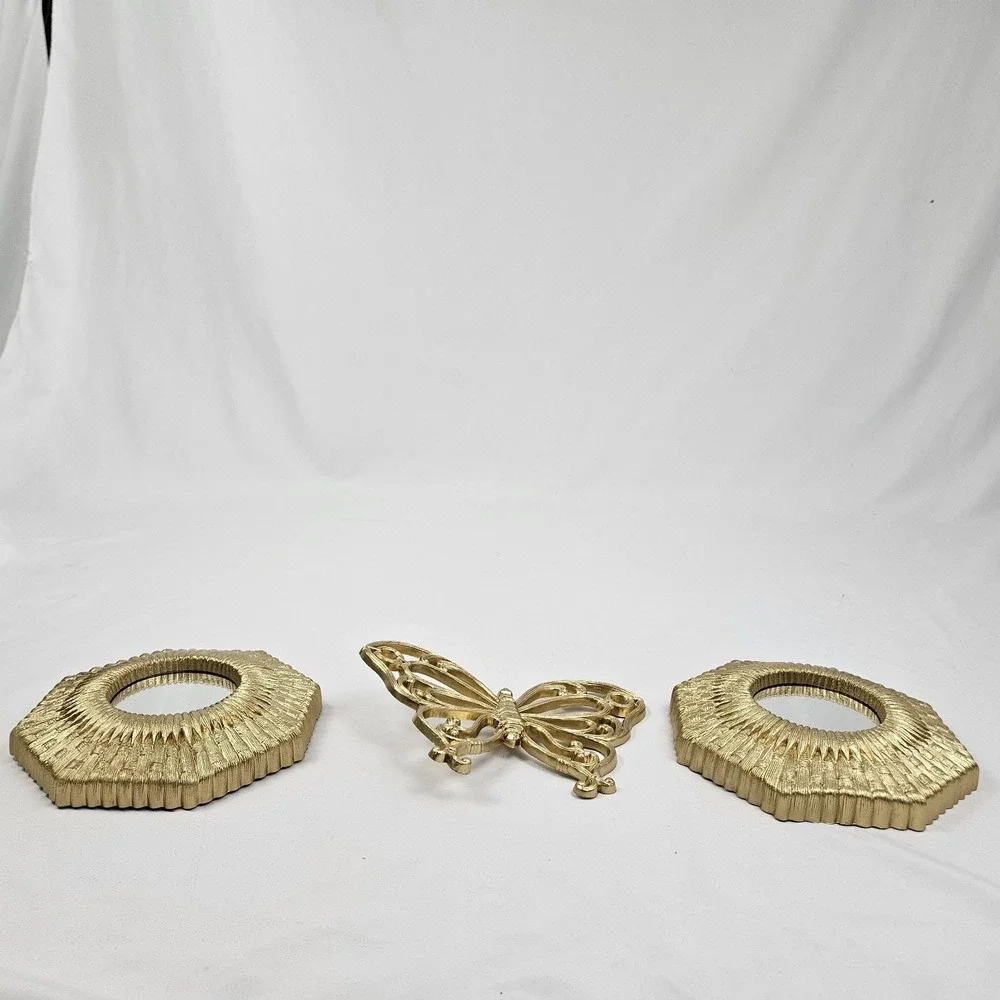 Vintage Butterfly Mirror Wall Decor Set of 3 Gold Rattan Look 1978 Syroco